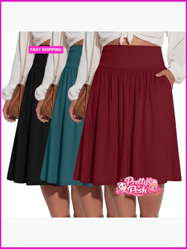 3 Pack Plus Size Knee Length A-Line Midi Skirts For Curvy Women With Pockets